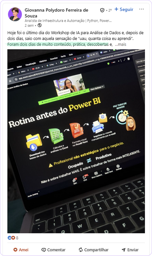 Depoimento de participante do Workshop IA para Análise de Dados 4