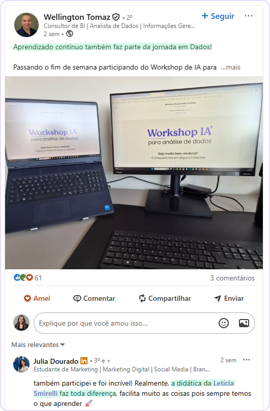 Depoimento de participante do Workshop IA para Análise de Dados 8