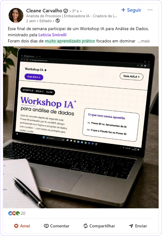 Depoimento de participante do Workshop IA para Análise de Dados 6
