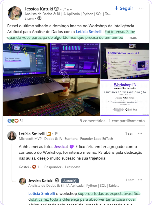 Depoimento de participante do Workshop IA para Análise de Dados 1