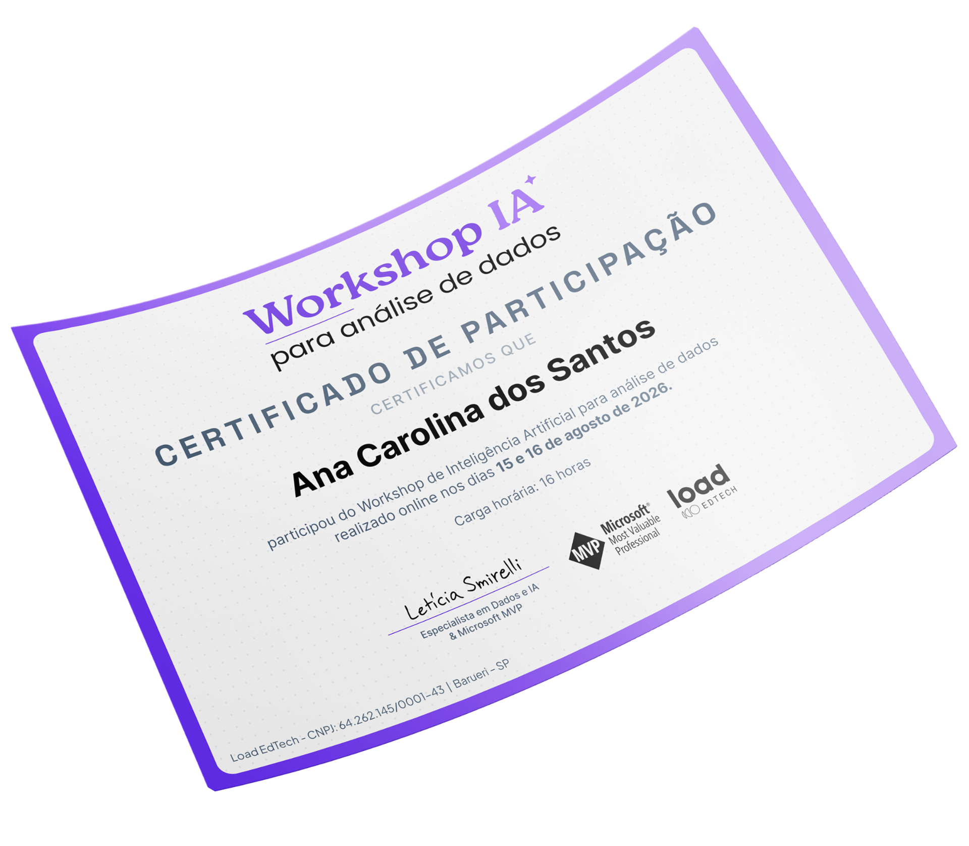 Certificado de participação do Workshop IA para Análise de Dados
